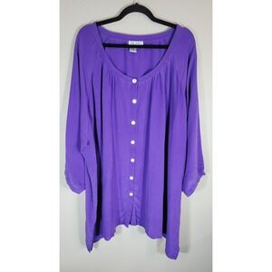 Ulla Popken Women's Silk A-Line Blouse Purple Button Front Size 32/34